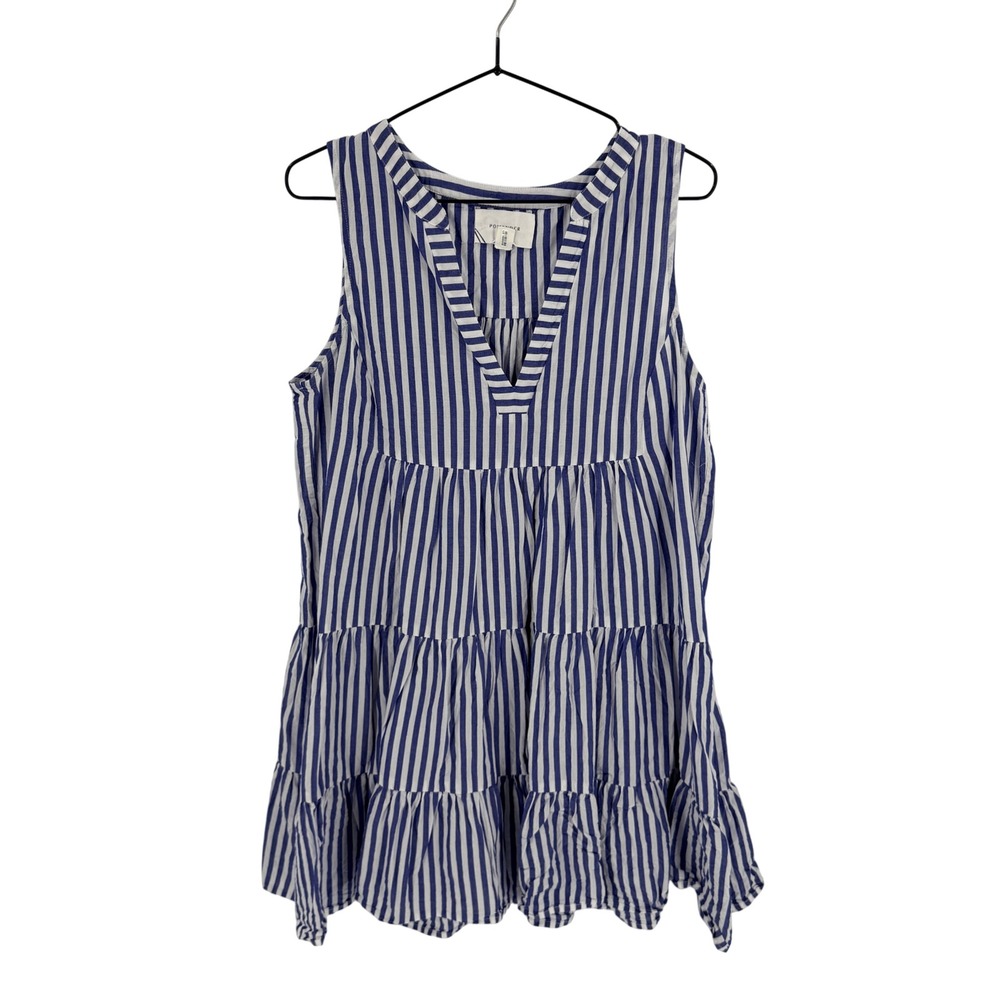 Tuckernuck Pomander Place Blue White Striped Tiered Dress Size L Coastal Preppy